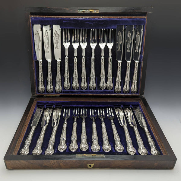 1877 British antique sterling silver cutlery 12 pairs total 1475g Francis Higgins wooden box