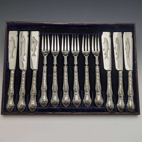 1877 British antique sterling silver cutlery 12 pairs total 1475g Francis Higgins wooden box