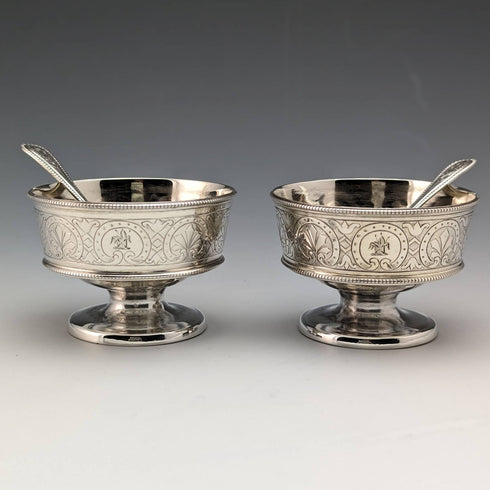 1870 British Antique Pure Silver Salt Dish & Spoon Pair 80g Martin and Hall