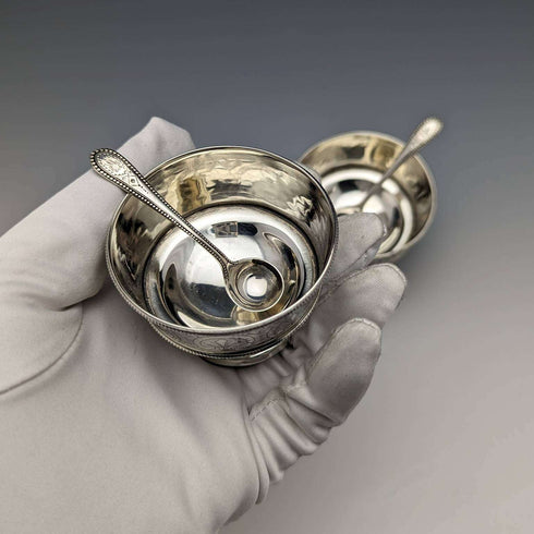 1870 British Antique Pure Silver Salt Dish & Spoon Pair 80g Martin and Hall