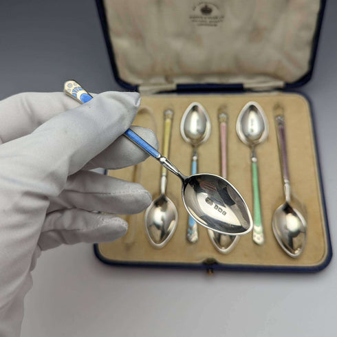 1929 English Vintage Sterling Silver Teaspoon Set of 6 in Case Mappin and Webb