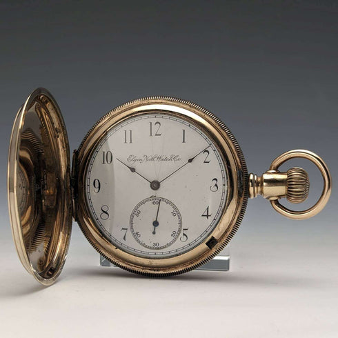 1896 American antique Elgin pocket watch gold plated hunter case works well