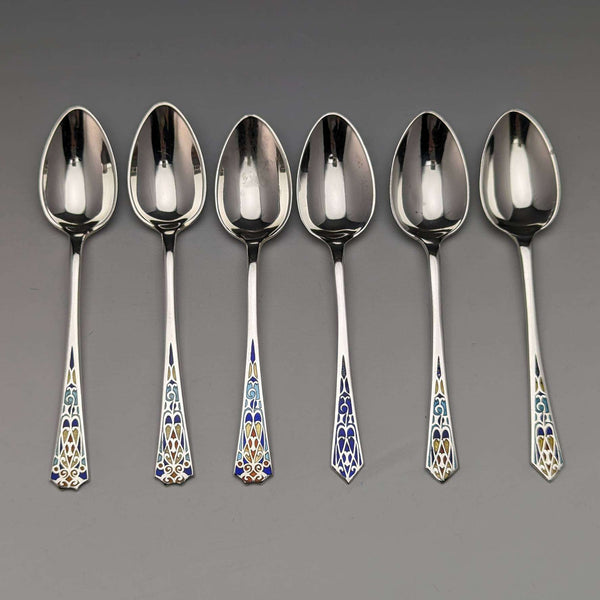 1930s British Vintage Sterling Silver Enameled Teaspoon Set of 6