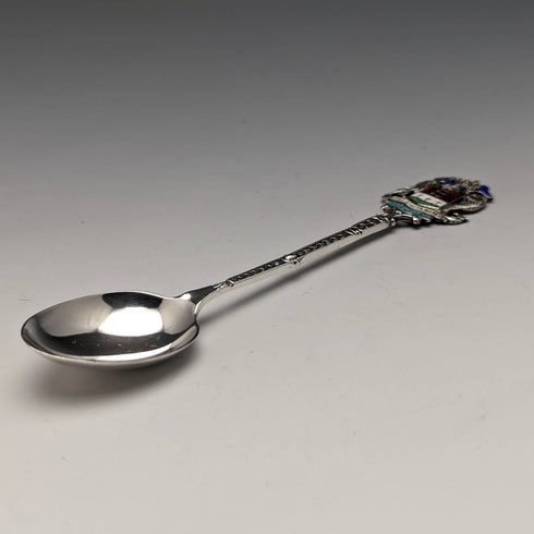 Cuchara de recuerdo de plata de ley con decoración de esmalte, vintage británica de 1938