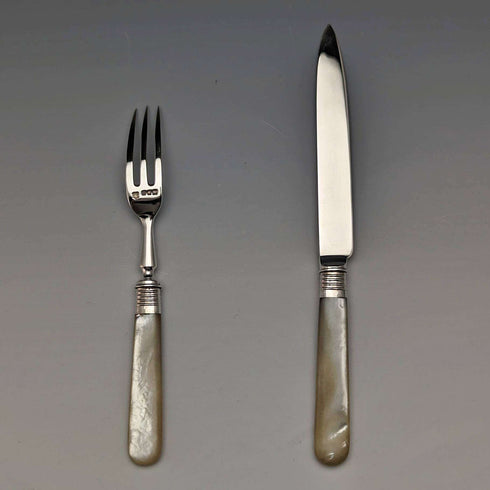1909 British Antique White Pearl Shell Handle Dessert Cutlery Pair in Case Josiah Williams