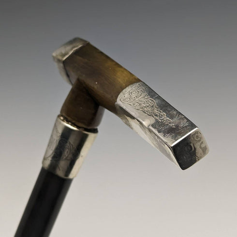 英國古董男士竹杖純銀裝飾牛角手拿包手柄 91 厘米