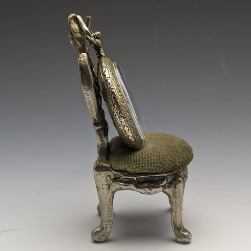 1940s Brass Chair Pocket Watch Holder with Moss Green Seat