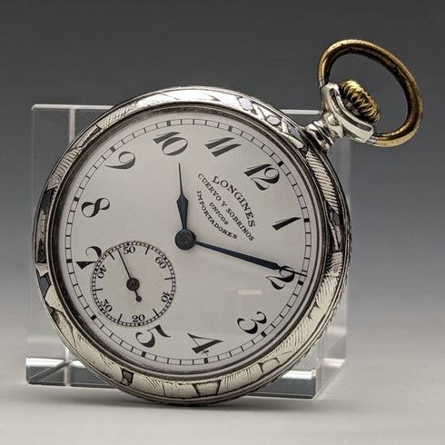 1921年頃 アンティーク ロンジン 懐中時計 ニエロ装飾銀側ケース 動作良好