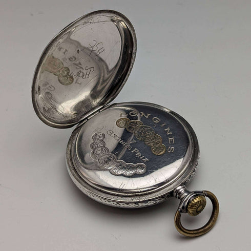 Around 1921 Antique Longines pocket watch Niello decorated silver side case Works well