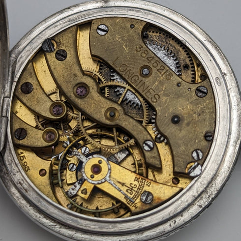 1921年頃 アンティーク ロンジン 懐中時計 ニエロ装飾銀側ケース 動作良好