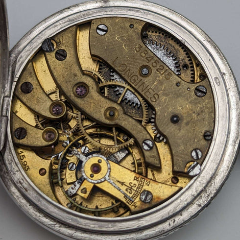 Around 1921 Antique Longines pocket watch Niello decorated silver side case Works well