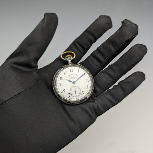 1921年頃 アンティーク ロンジン 懐中時計 ニエロ装飾銀側ケース 動作良好