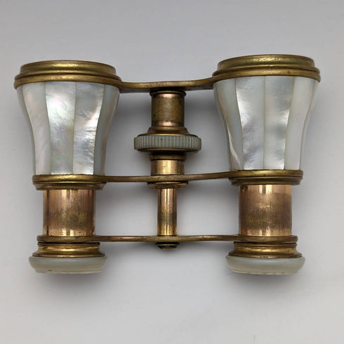 French antique mother-of-pearl decorated opera glasses binoculars with case Verne