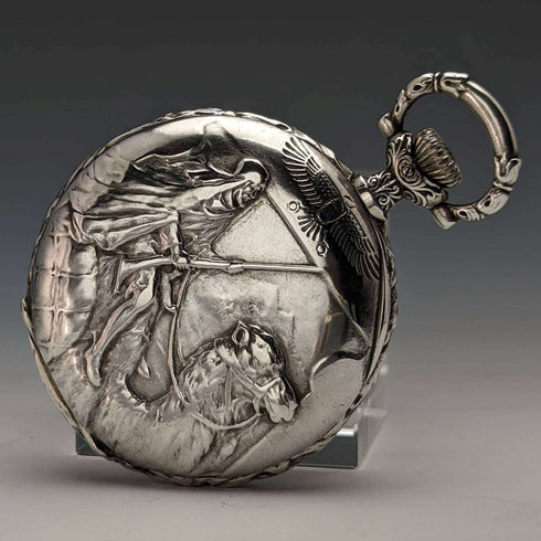 Around 1909 Antique Longines pocket watch Relief engraving Hunter case on silver side Works well