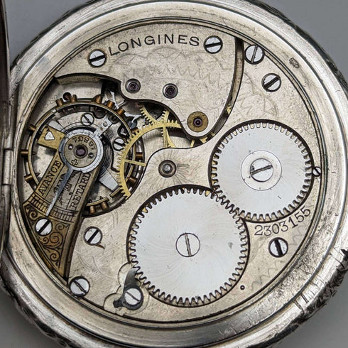 Around 1909 Antique Longines pocket watch Relief engraving Hunter case on silver side Works well
