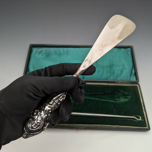 1909 British Antique Pure Silver Handle Shoehorn Button Hook Set in Case J and R Griffin