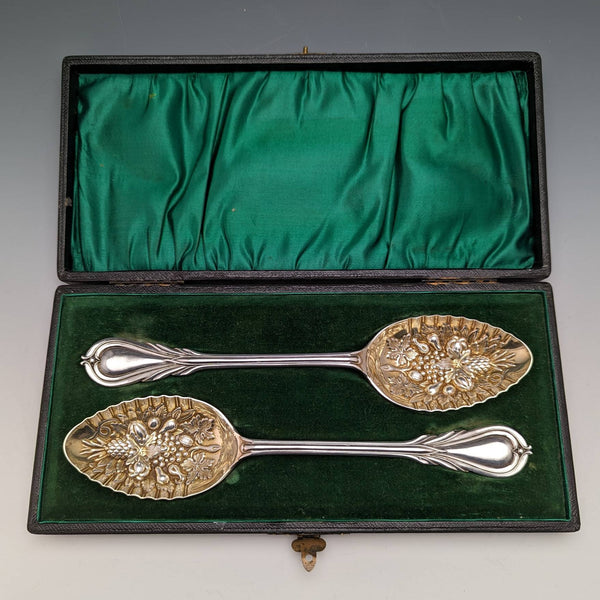 Around 1900 British Antique Silver Plate Berry Serving Spoon Pair in Case