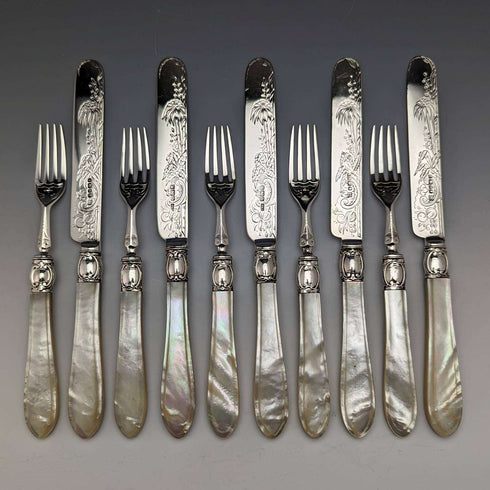 Around 1880 British Antique White Pearl Shell Handle Pure Silver Blade Cutlery 5 Pairs Martin Hall