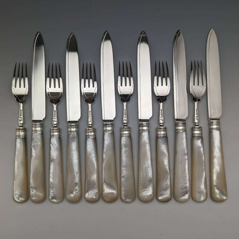 1897 British Antique White Pearl Shell Handle Pure Silver Blade Cutlery 6 Pairs Boxed J Barraclough