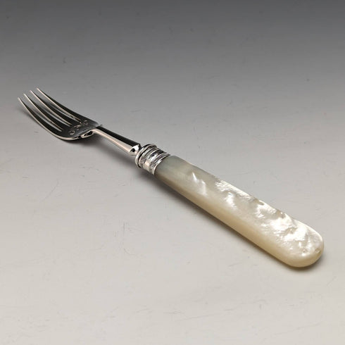 1897年 英国アンティーク 白蝶貝ハンドル 純銀ブレード カトラリー6ペアセット 箱入り J Barraclough