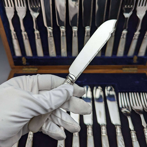 1930年左右英國復古白蝴蝶貝柄魚餐具12對套裝盒裝
