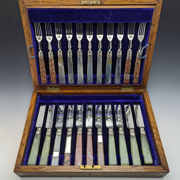 Around 1900 British Vintage Natural Stone Handle Cutlery 12 Pair Set Boxed Cavendish