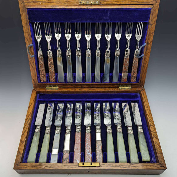 Around 1900 British Vintage Natural Stone Handle Cutlery 12 Pair Set Boxed Cavendish