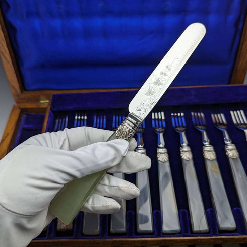 Around 1900 British Vintage Natural Stone Handle Cutlery 12 Pair Set Boxed Cavendish