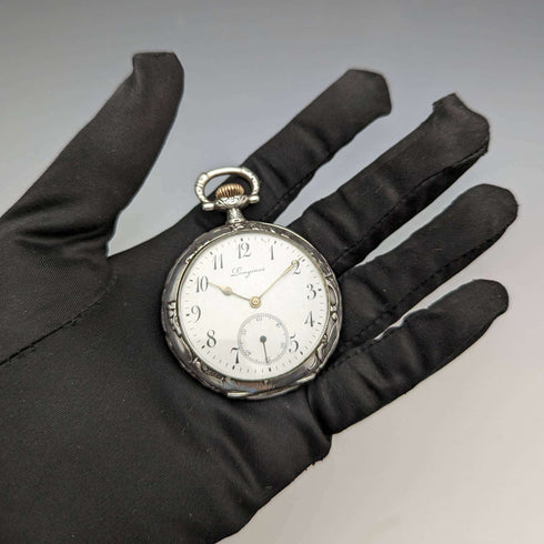 1911 年左右古董浪琴表懷錶雕刻銀色側開面效果很好