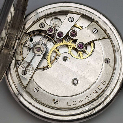1928年頃 アンティーク ロンジン 懐中時計 彫刻銀側ハンターケース 動作良好
