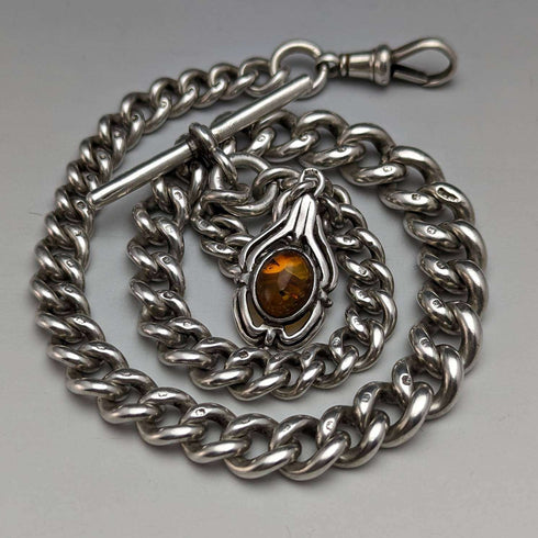 Alrededor de 1900, cadena Albert de plata esterlina antigua británica, extra gruesa de 65 g, con dije de ámbar