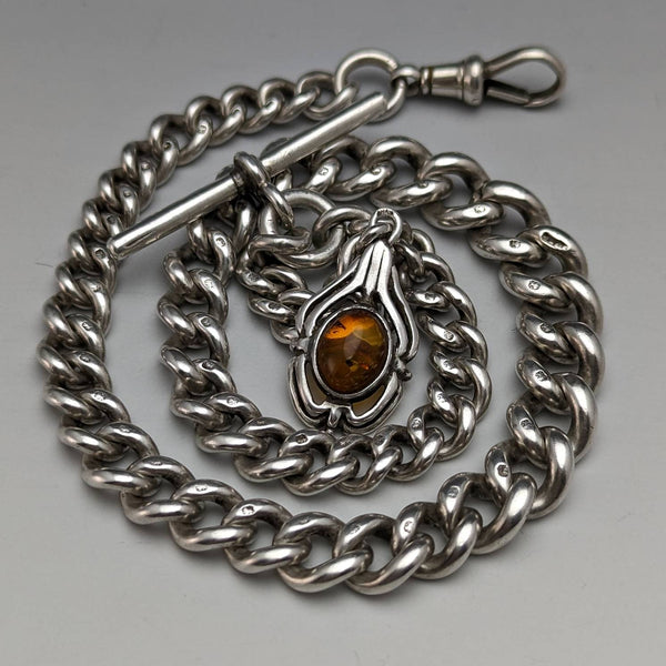 Around 1900 British Antique Sterling Silver Albert Chain Extra Thick 65g Amber Fob