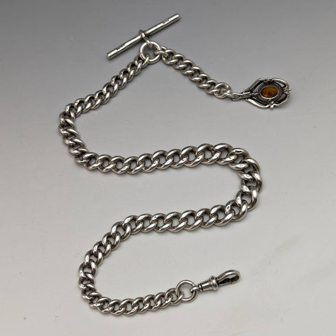 1900年頃 英国アンティーク 純銀製アルバートチェーン 極太65g 琥珀フォブ