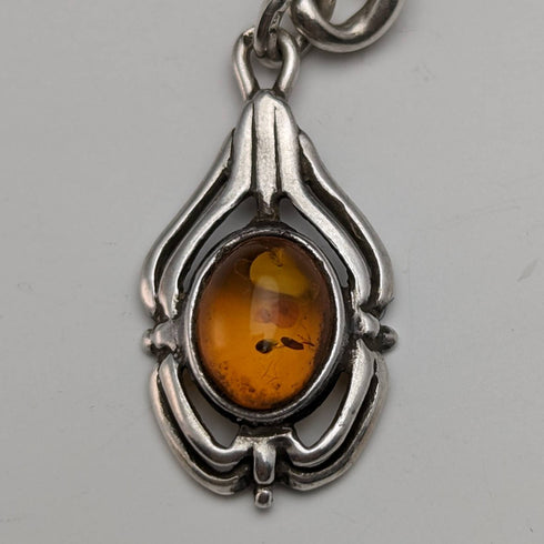 1900年頃 英国アンティーク 純銀製アルバートチェーン 極太65g 琥珀フォブ