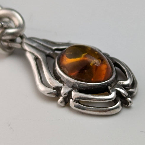 1900年頃 英国アンティーク 純銀製アルバートチェーン 極太65g 琥珀フォブ