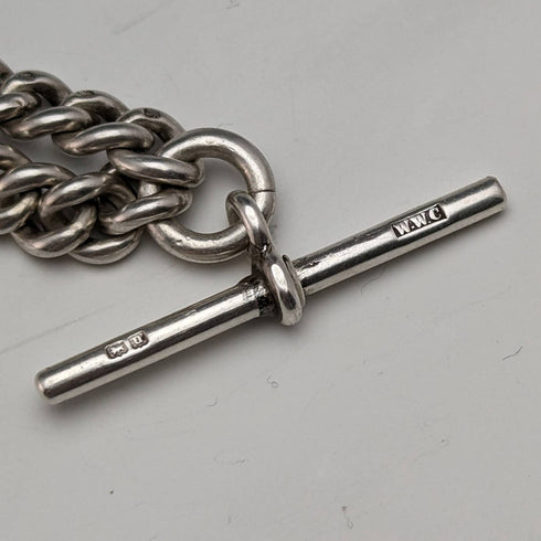 1900年頃 英国アンティーク 純銀製アルバートチェーン 極太65g 琥珀フォブ