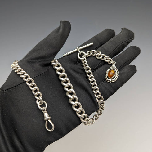 1900年頃 英国アンティーク 純銀製アルバートチェーン 極太65g 琥珀フォブ