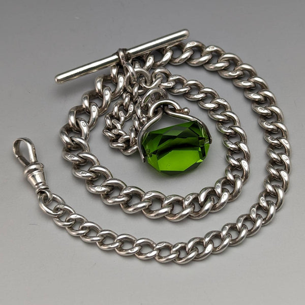 Around 1920 British Antique Sterling Silver Albert Chain 46g Greenstone Rotating Fob