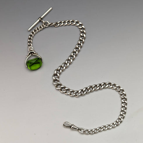 1920年頃 英国アンティーク 純銀製アルバートチェーン 46g グリーンストーン回転フォブ