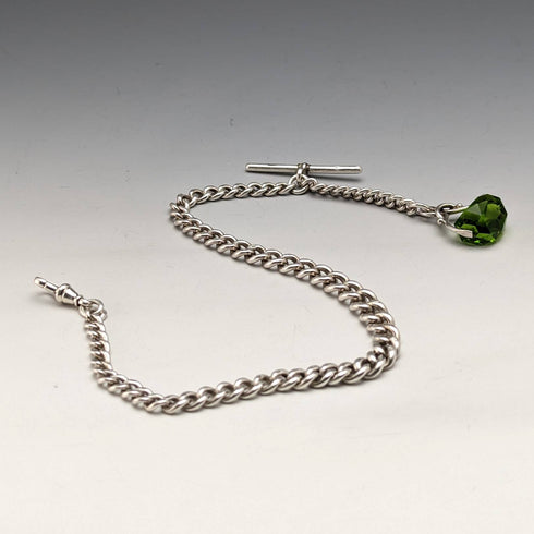 1920年頃 英国アンティーク 純銀製アルバートチェーン 46g グリーンストーン回転フォブ