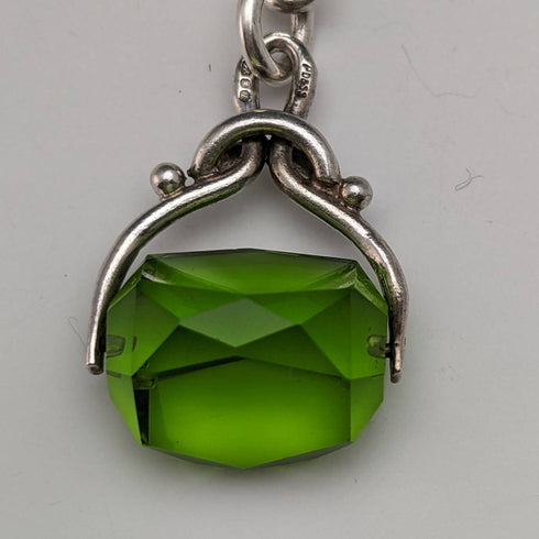 1920年頃 英国アンティーク 純銀製アルバートチェーン 46g グリーンストーン回転フォブ