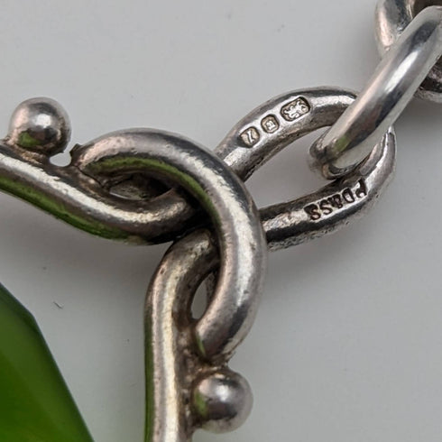 1920年頃 英国アンティーク 純銀製アルバートチェーン 46g グリーンストーン回転フォブ