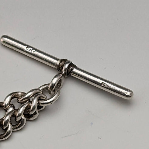 1920年頃 英国アンティーク 純銀製アルバートチェーン 46g グリーンストーン回転フォブ