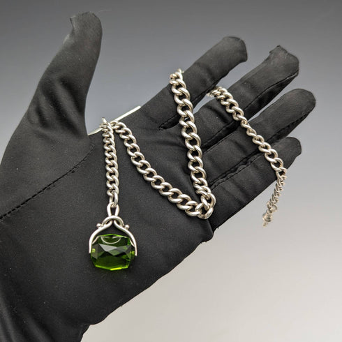 1920年頃 英国アンティーク 純銀製アルバートチェーン 46g グリーンストーン回転フォブ