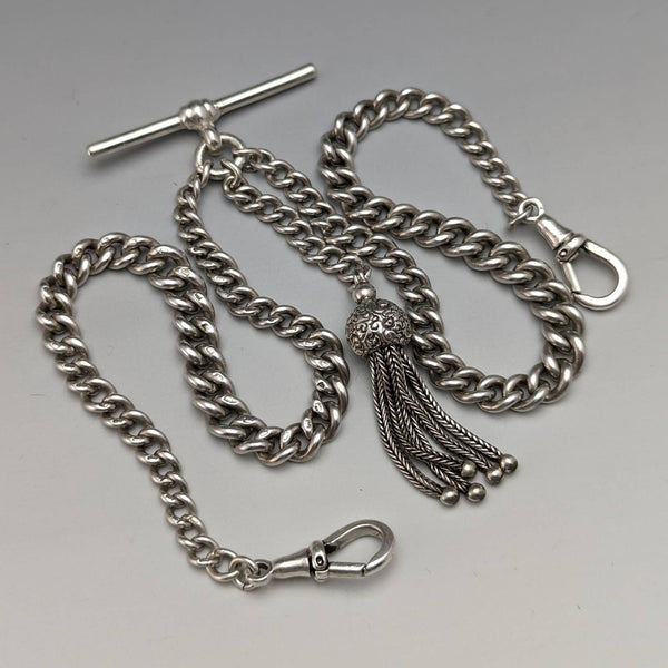 1900 British Antique Sterling Silver Double Albert Chain 34 g Tassel Fob