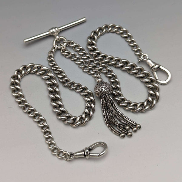 1900 British Antique Sterling Silver Double Albert Chain 34 g Tassel Fob