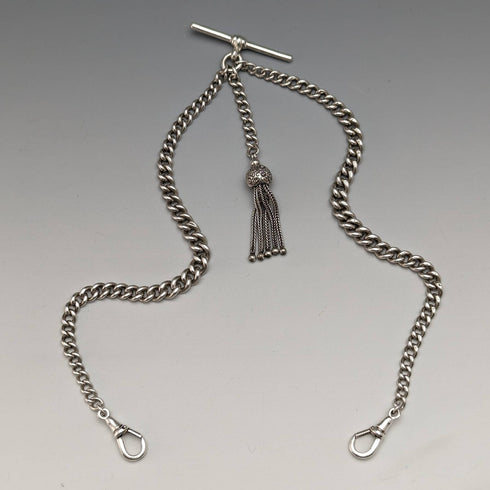 Cadena doble Albert de plata esterlina, antigüedad británica de alrededor de 1900, 34 g, con dije de borla