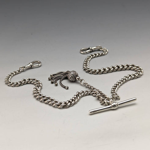 Cadena doble Albert de plata esterlina, antigüedad británica de alrededor de 1900, 34 g, con dije de borla
