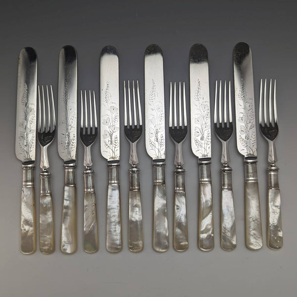 British Antique White Butterfly Shell Handle Dessert Cutlery 6 Pair Set in Cloth Case