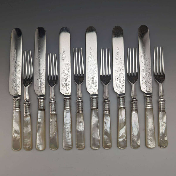 British Antique White Butterfly Shell Handle Dessert Cutlery 6 Pair Set in Cloth Case